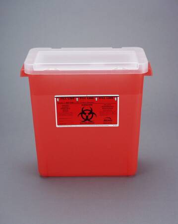 Sharps Container Bemis™ Sentinel 13-1/2 H X 13-7/8 L X 6-7/8 W 3 Gallon Translucent Red Base / White Lid Horizontal Entry Flap Lid (1/EA 12/CS) by Bemis Health Care  ID 303-030
